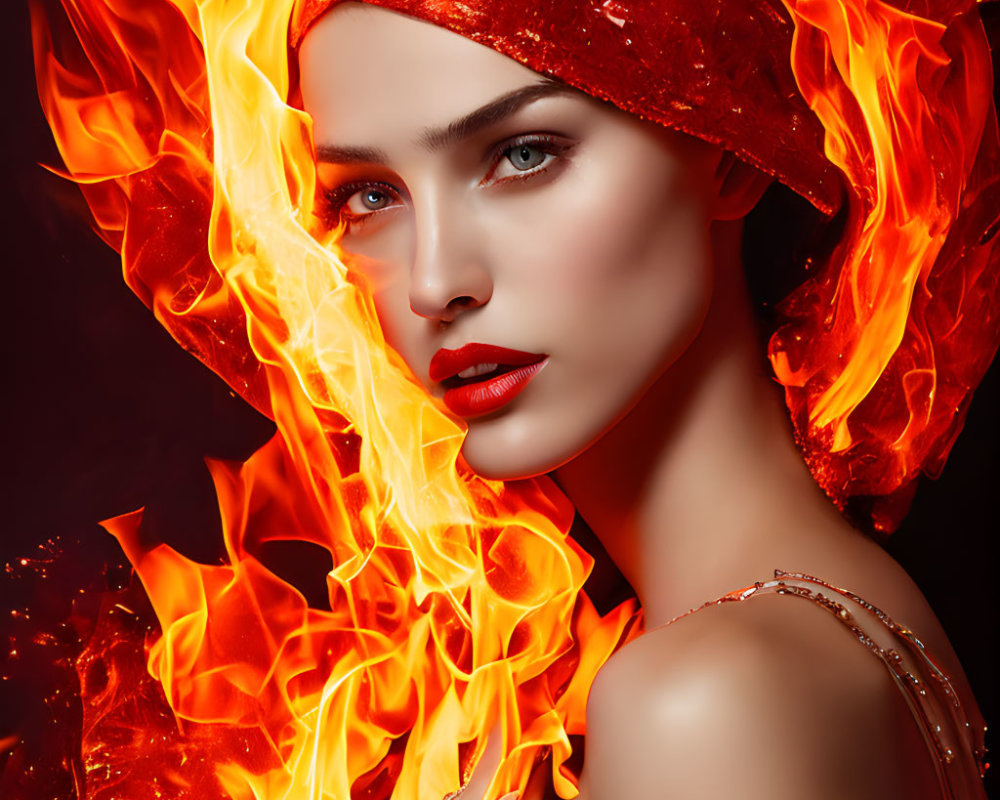 Woman with striking makeup and red headscarf engulfed in vivid flames