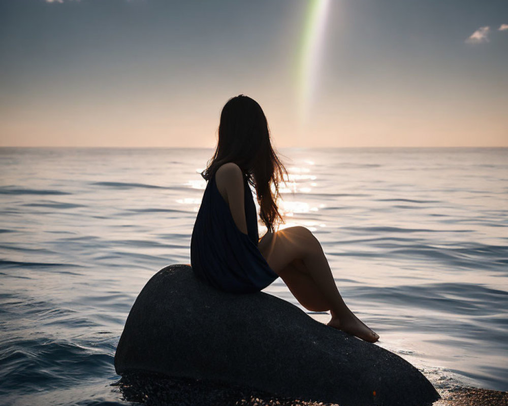 Woman sitting on rock by sea watching sunset with visible sunbeam