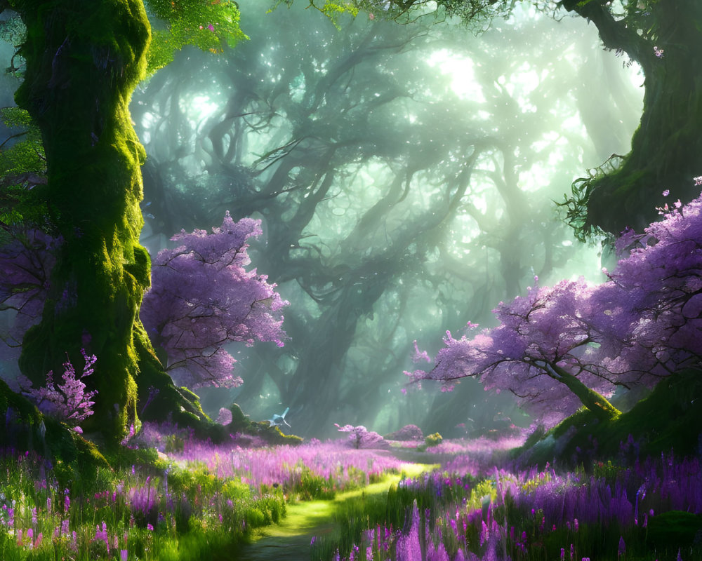 Misty enchanted forest path with purple flowers and pink trees