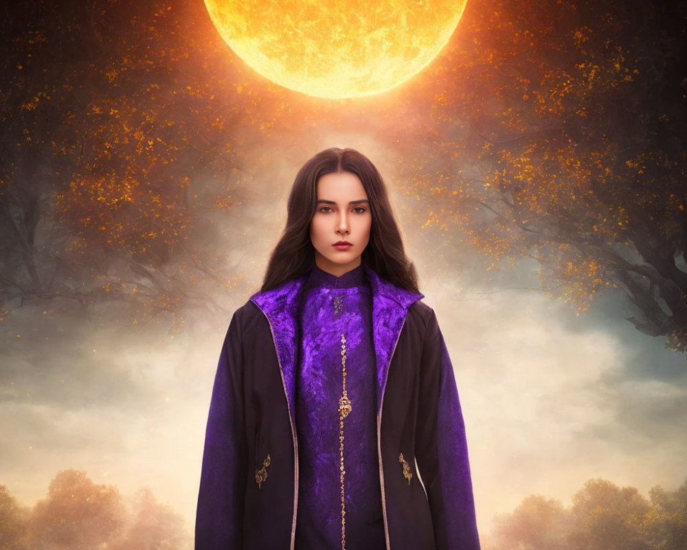 Woman in Purple Cloak in Surreal Landscape with Giant Sun and Bare Trees