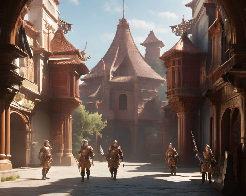 Armored soldiers patrol ancient sunlit street with ornate buildings