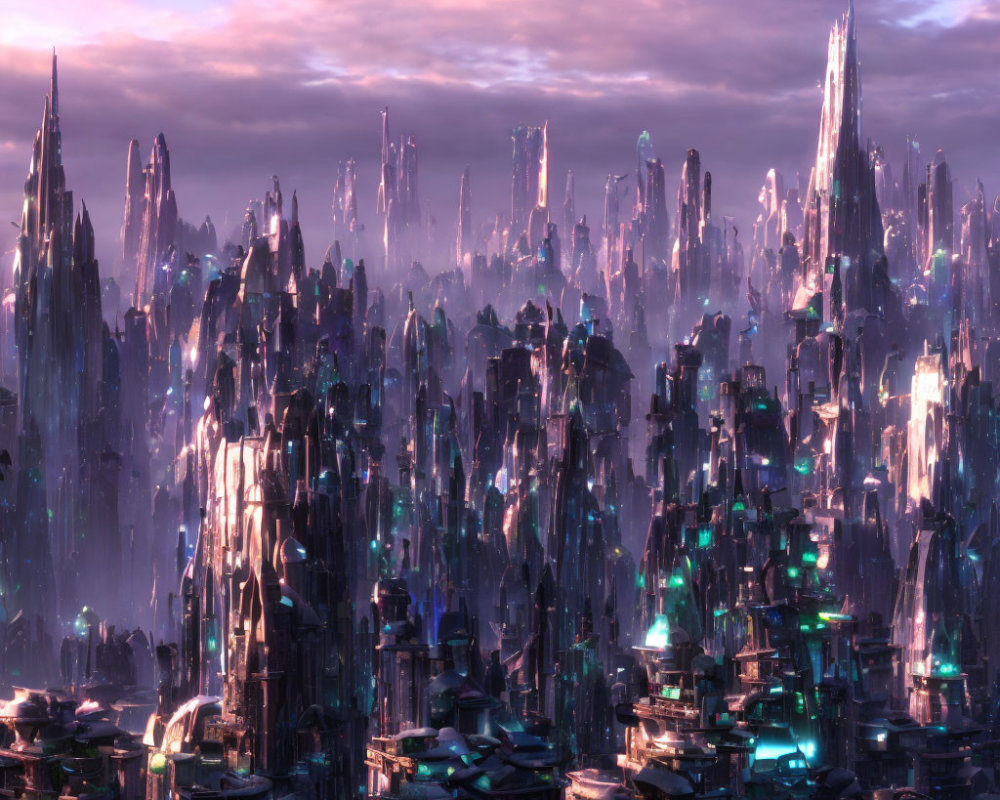 Futuristic cityscape with crystal skyscrapers at twilight