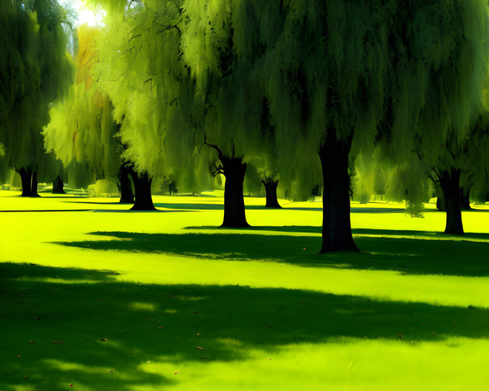 Sunlit Weeping Willow Trees in Vibrant Green Landscape