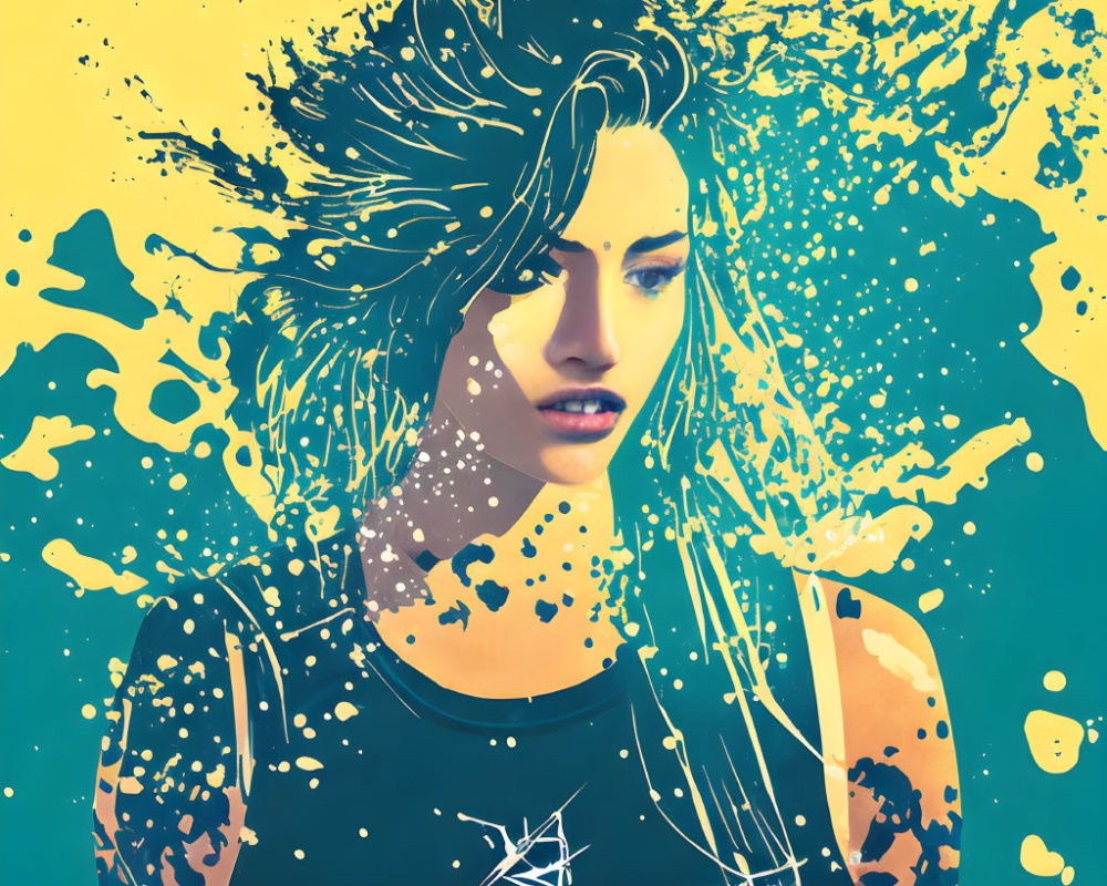 Colorful Woman Illustration with Flowing Hair on Teal Background