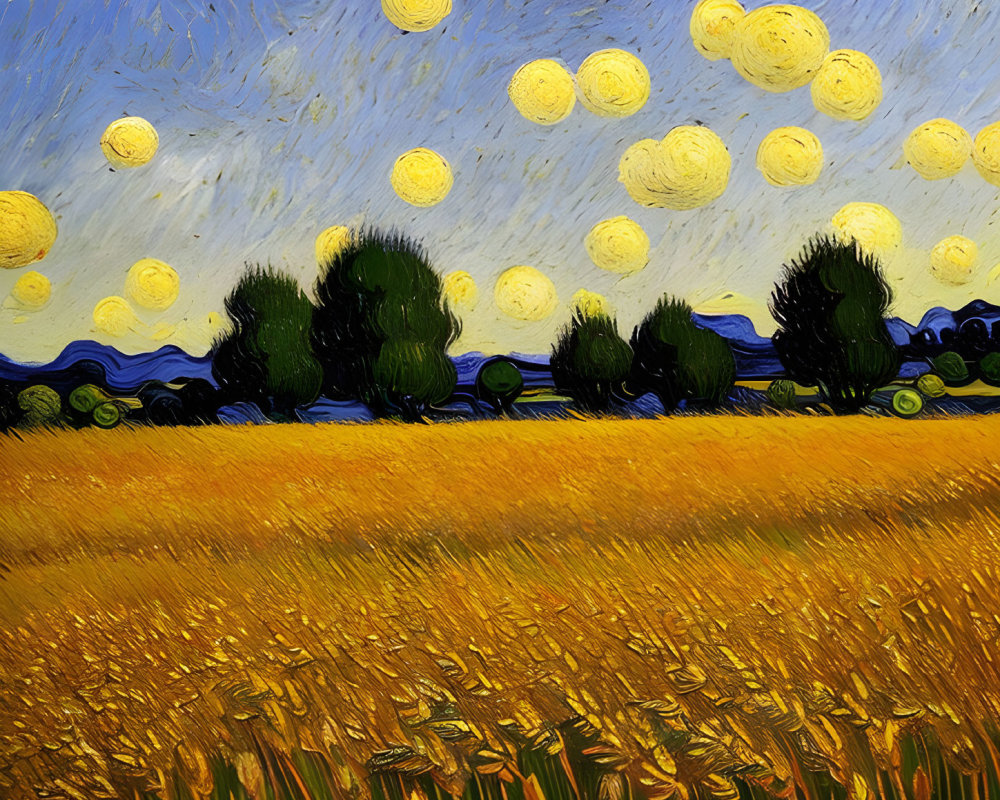 Colorful Starry Sky Painting with Yellow Orbs, Wheat Field, and Trees