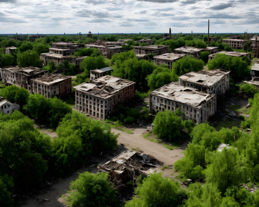 Dilapidated multi-story buildings in urban decay under gloomy sky