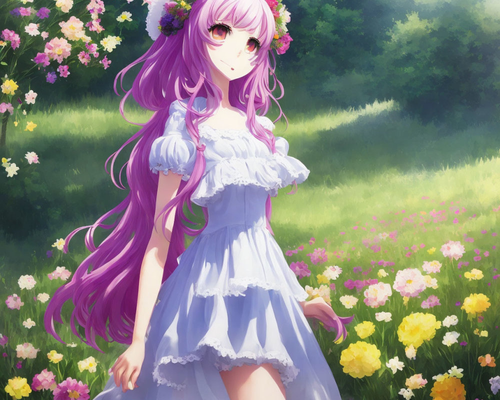 Long Purple-Haired Anime Girl in Flower Crown in Colorful Field