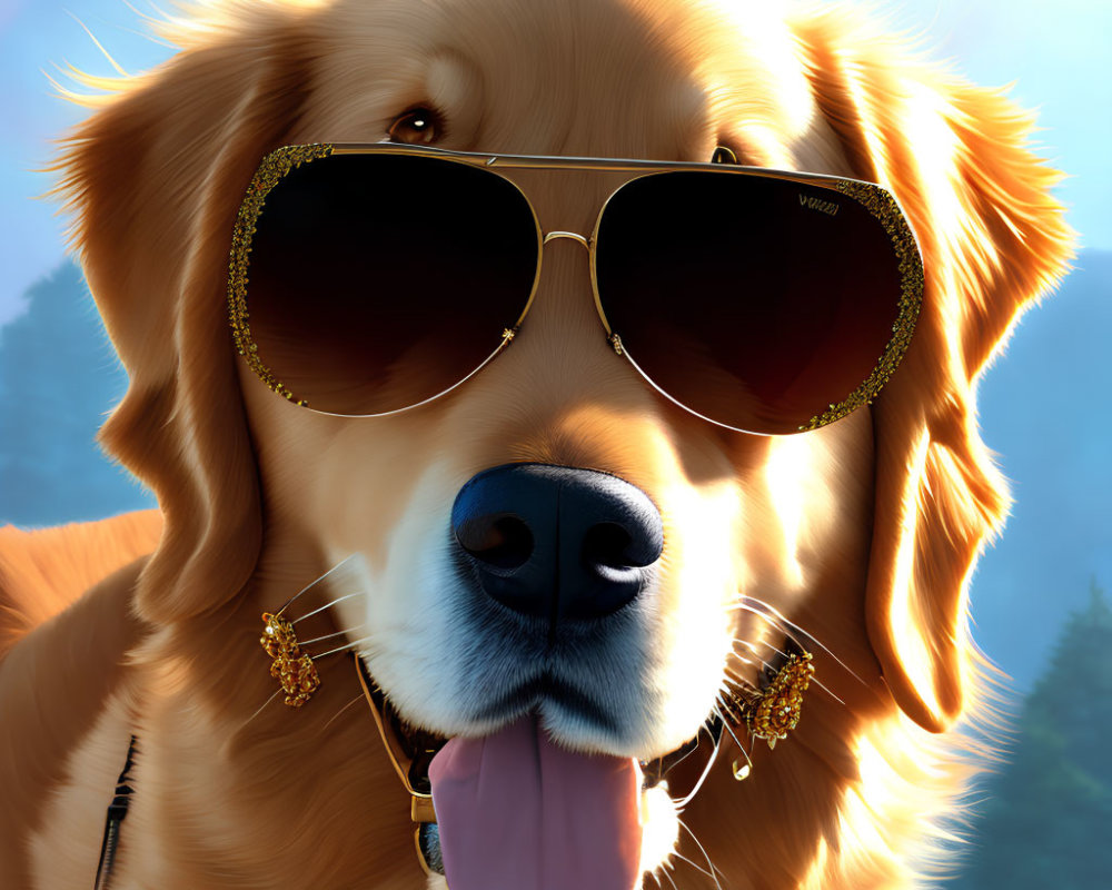 Golden Retriever in Aviator Sunglasses and Earrings Against Mountain Forest