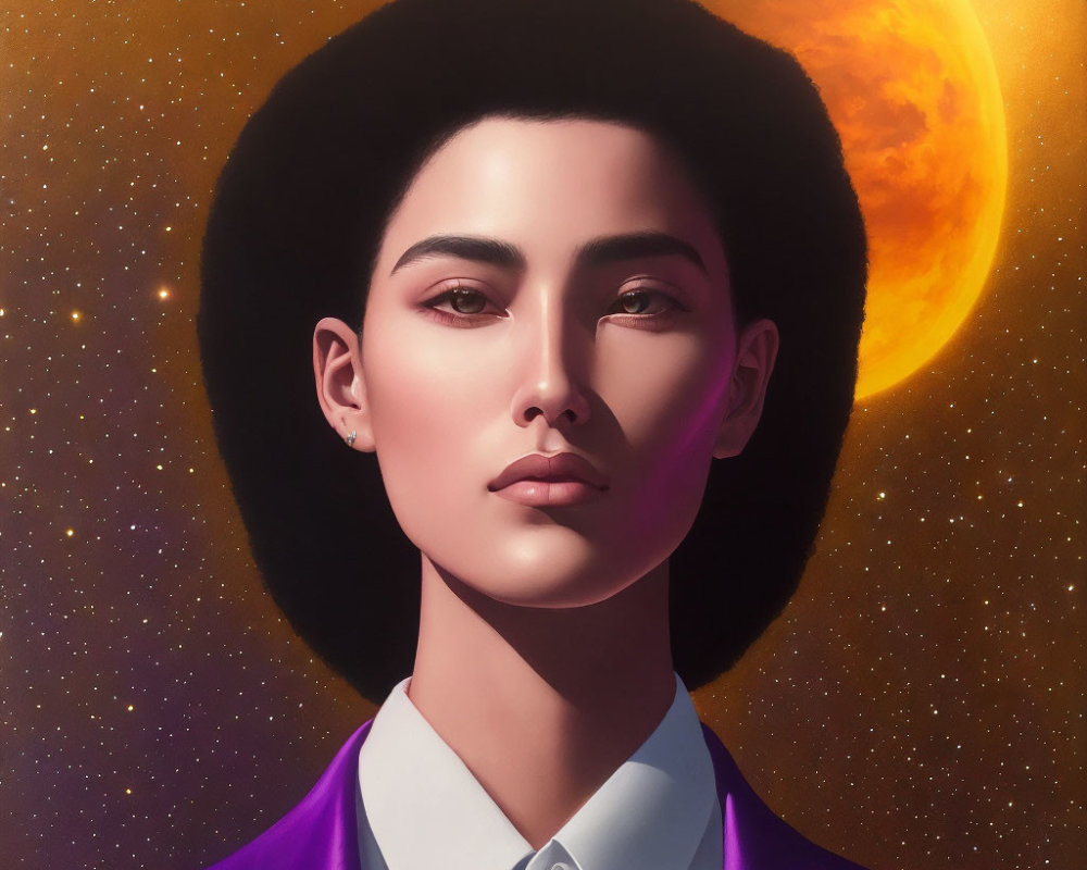 Stylized portrait of person with short haircut and afro against cosmic backdrop