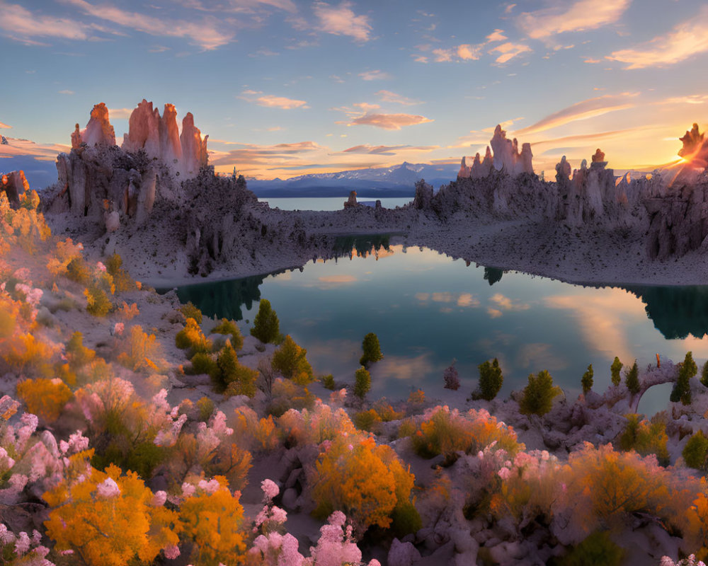 Tranquil lake with vibrant sunrise, unique rock formations, and autumn foliage.