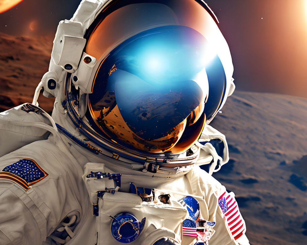 Astronaut in space suit on moon-like surface with Earth reflection in helmet visor