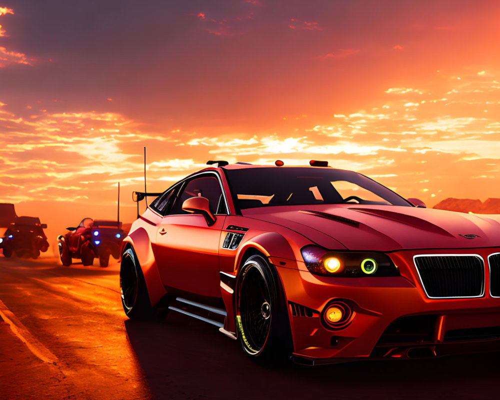 Custom red sports car with body kit drives on desert road at sunset