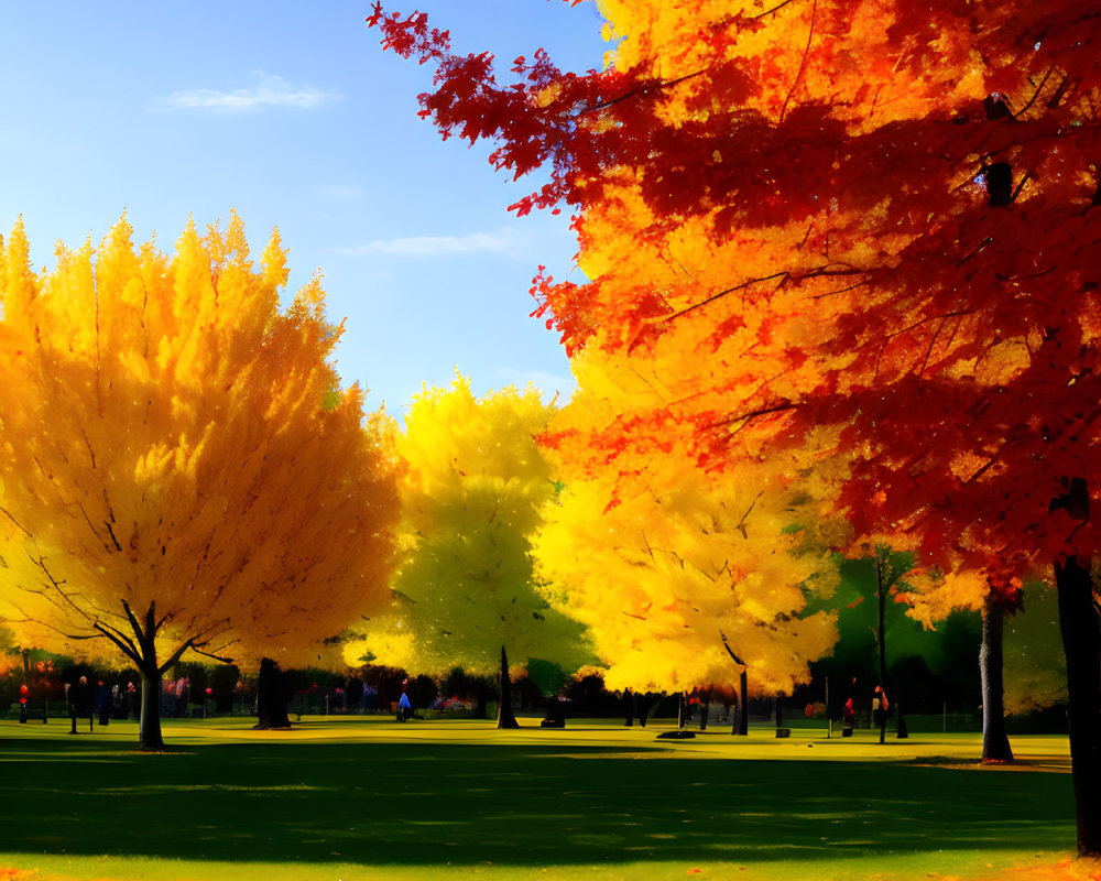 Park trees display vibrant autumn foliage gradient from green to deep red under clear blue sky