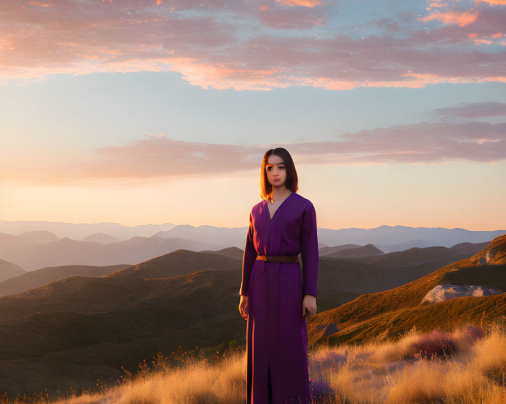 Woman in Purple Dress Surrounded by Lavender Field and Rolling Hills at Sunset