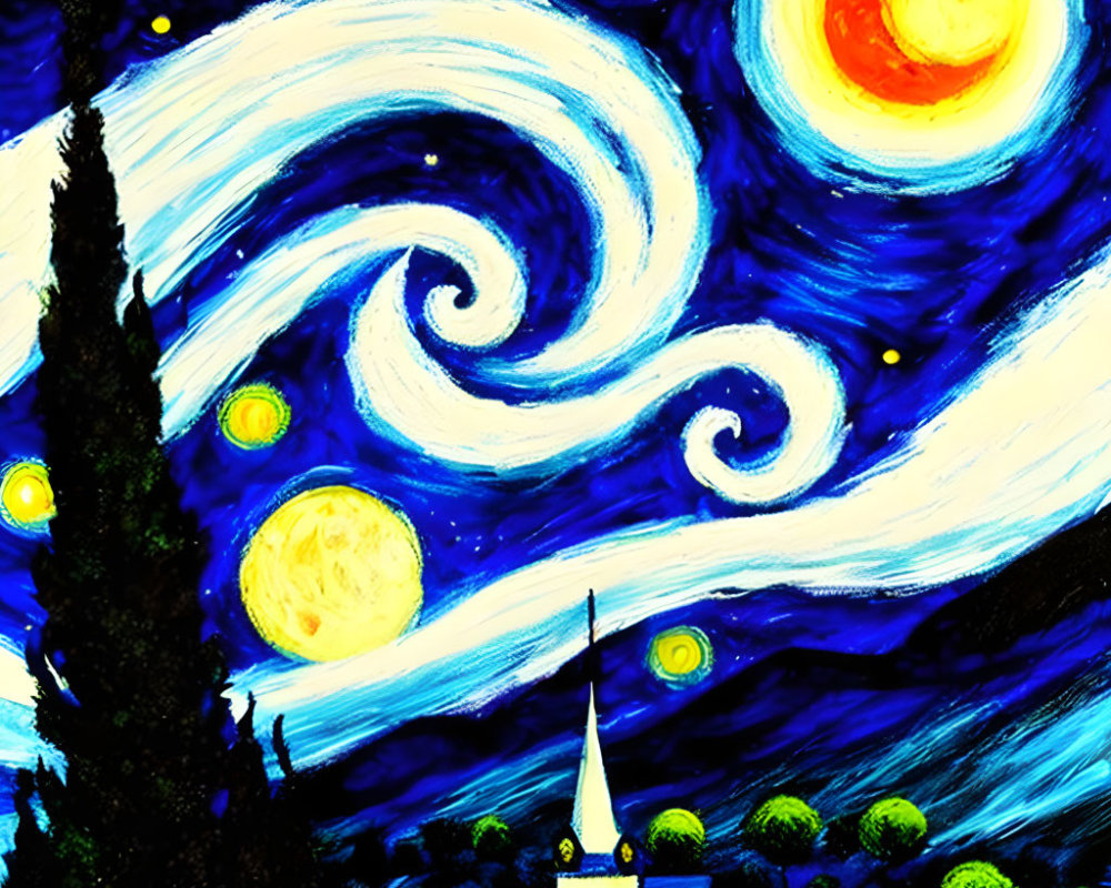 Colorful painting of swirling night sky with stars and crescent moon over small town