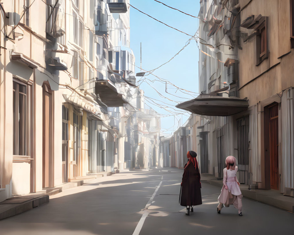 Urban alley with sunlit facades and crisscrossing wires - Serene stroll captured.