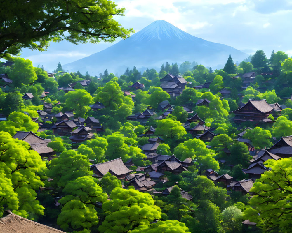 Traditional village with Mount Fuji and lush greenery