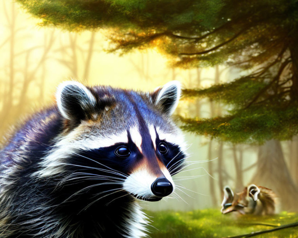 Detailed forest scene: raccoon and ducks in golden sunlight