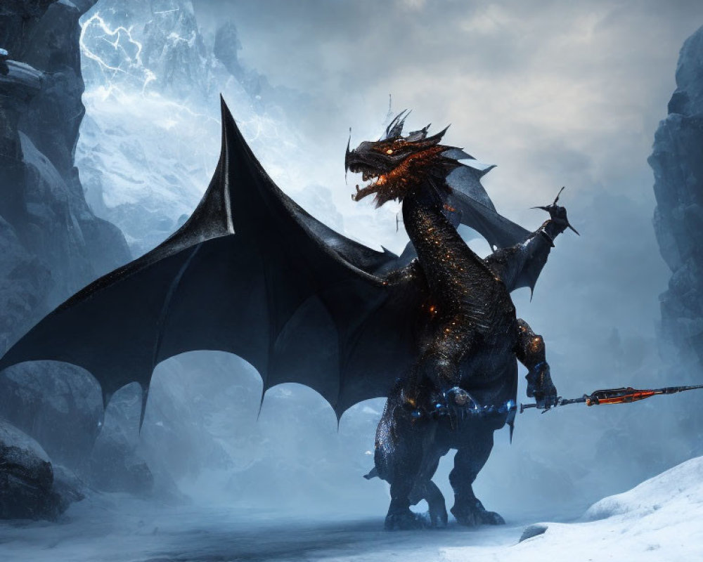 Majestic dragon with fiery eyes in icy landscape