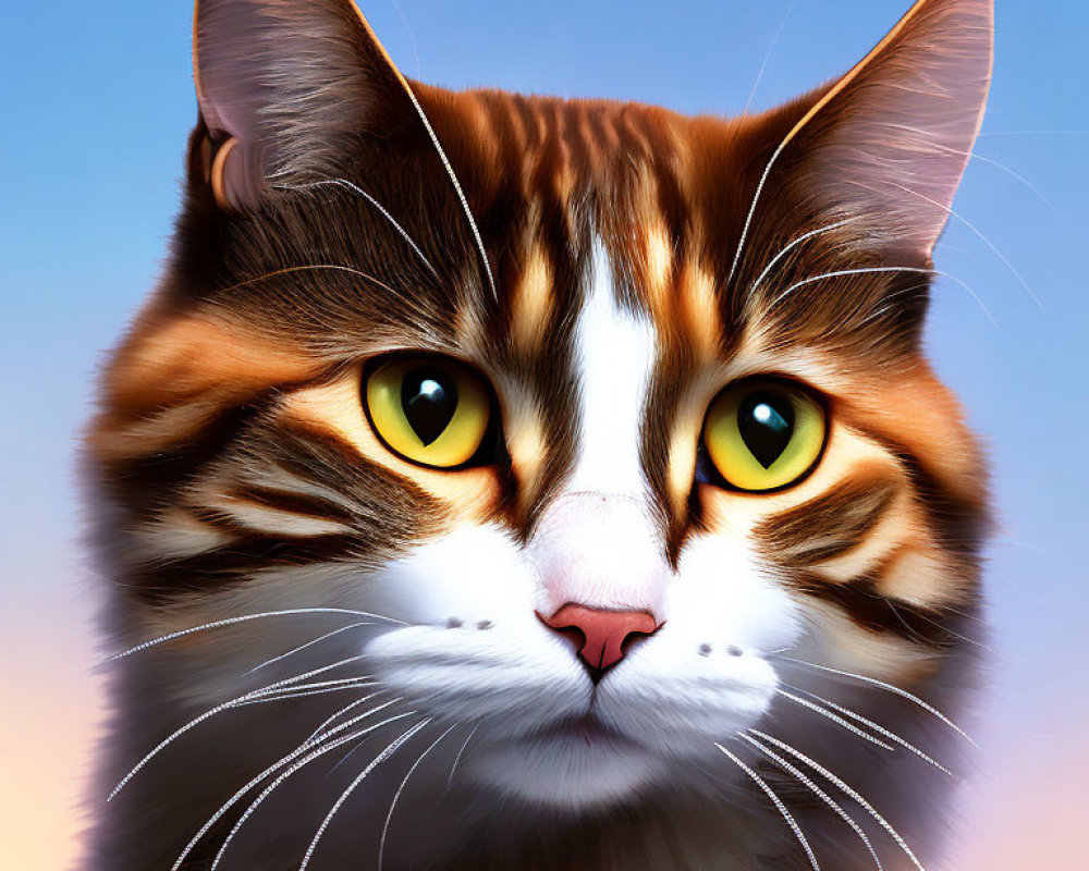 Detailed digital illustration of a brown and white cat with yellow eyes on blue background