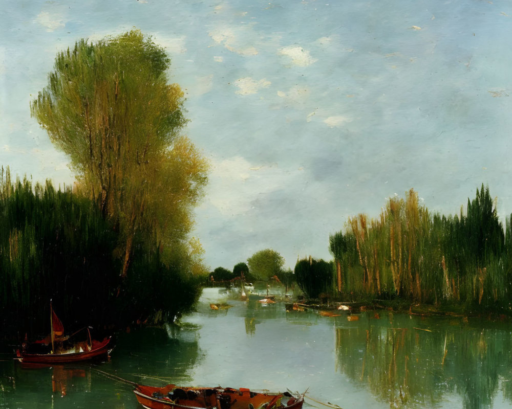 Calm River Scene with Moored Boats and Lush Green Trees