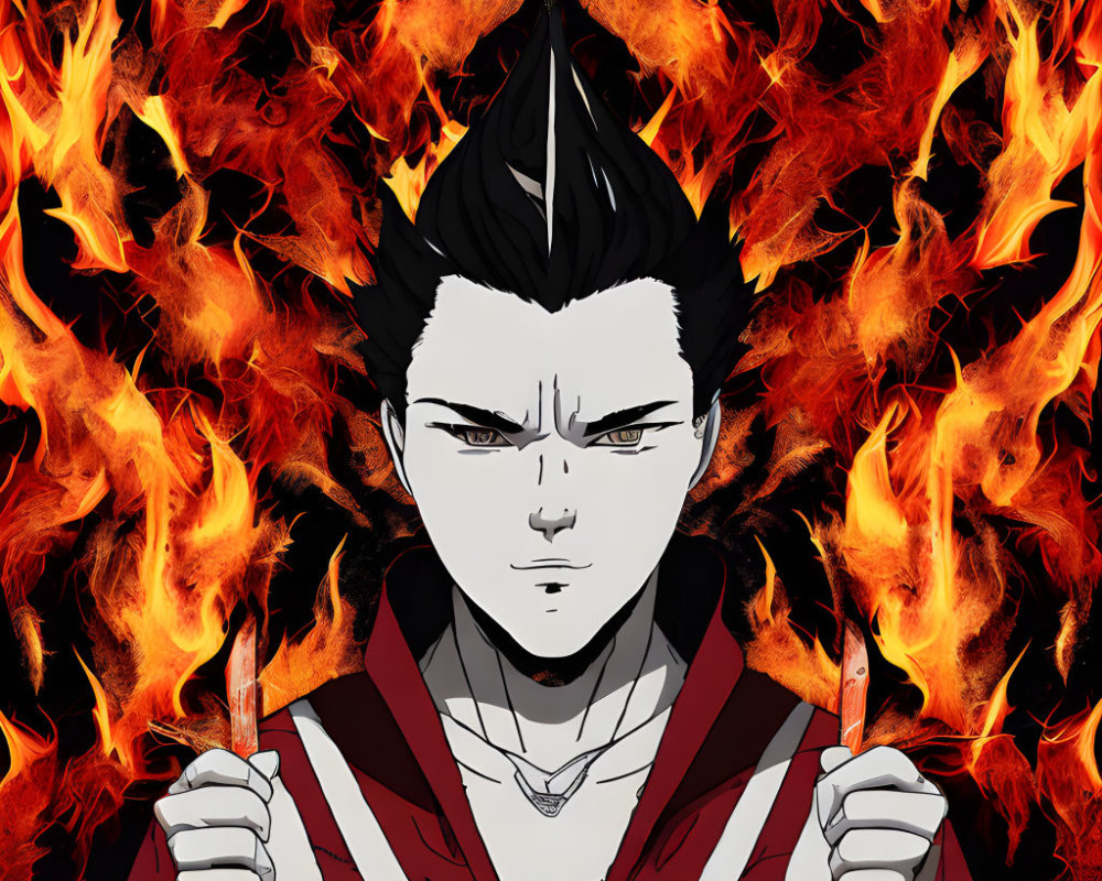 Anime-style character with dark spiky hair holding red blades in fiery backdrop