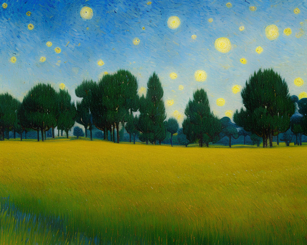 Colorful painting of blue sky, yellow stars, green trees, and golden field