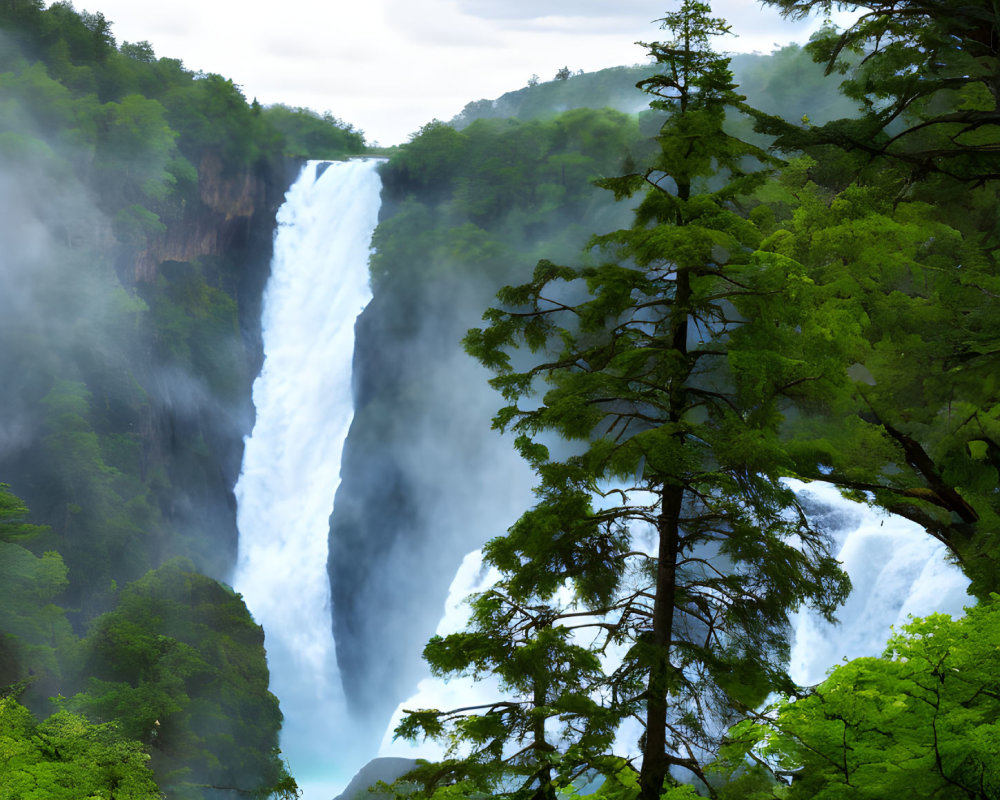 Majestic waterfall in lush forest with tall pine tree