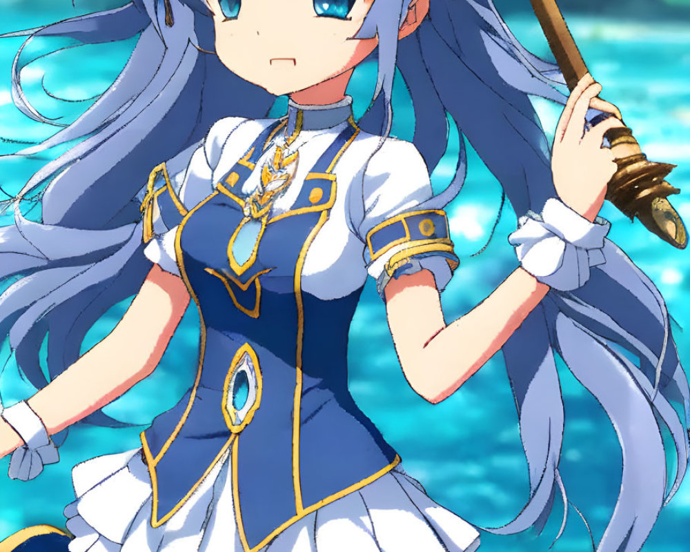 Blue-haired character in blue and gold outfit with staff against water backdrop