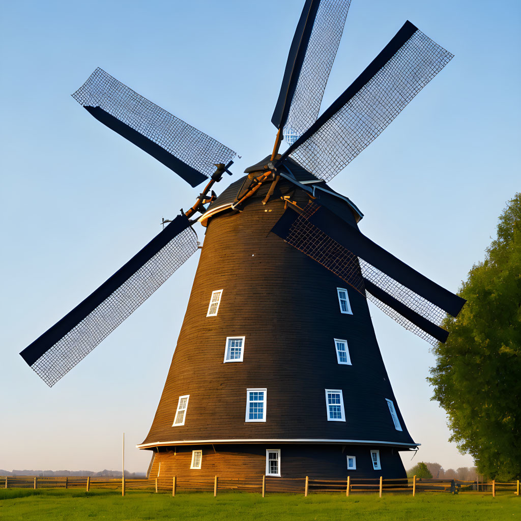 Traditional Wooden Windmill with Large Lattice Sails at Sunrise or Sunset