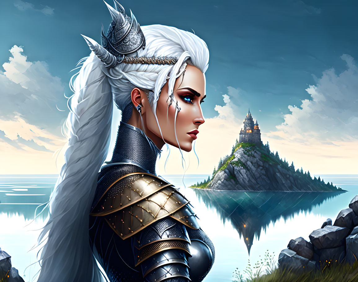 White-Haired Fantasy Warrior in Armor by Seascape Castle
