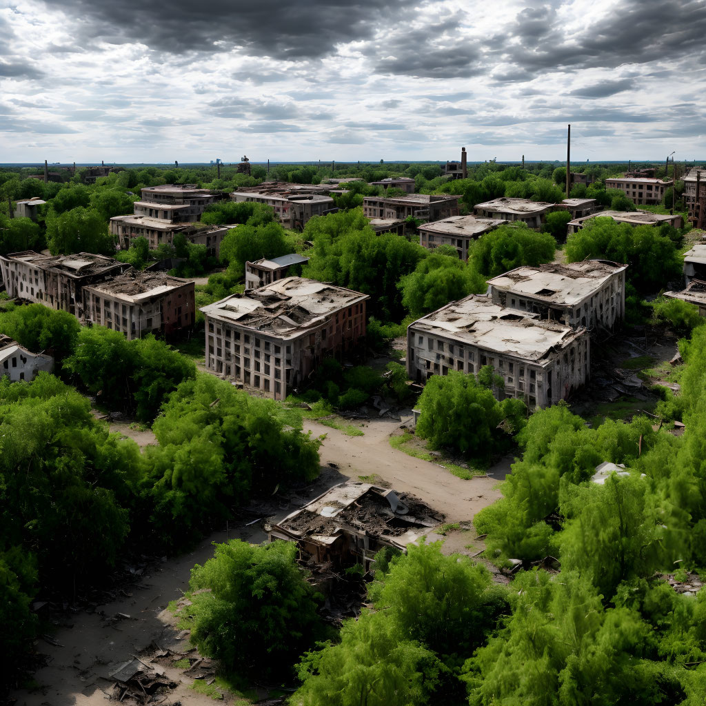 Dilapidated multi-story buildings in urban decay under gloomy sky