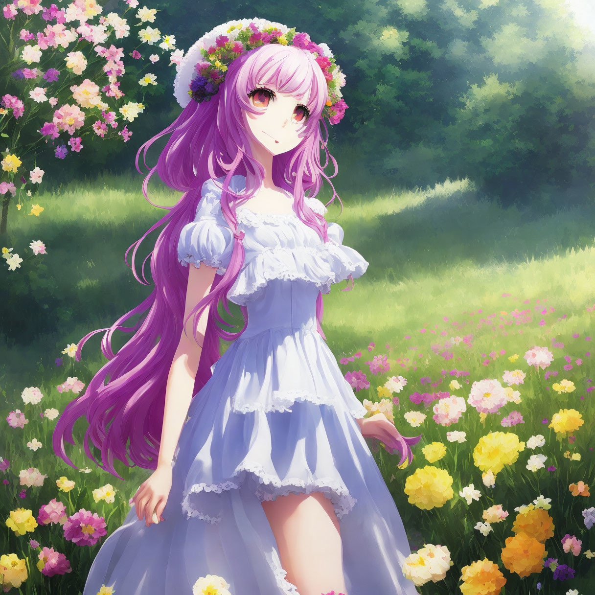 Long Purple-Haired Anime Girl in Flower Crown in Colorful Field