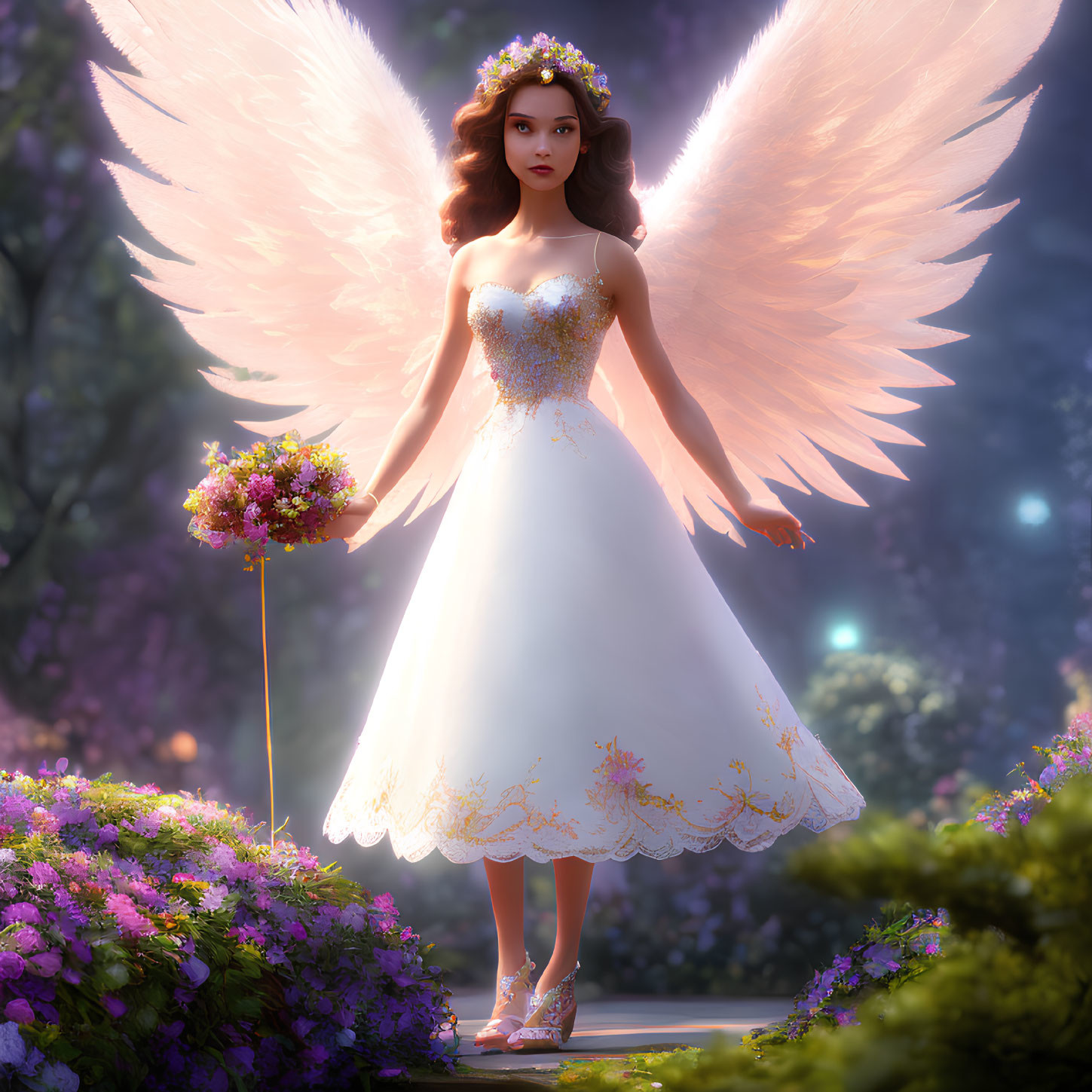 Ethereal figure with luminous wings in elegant white dress among blooming flowers