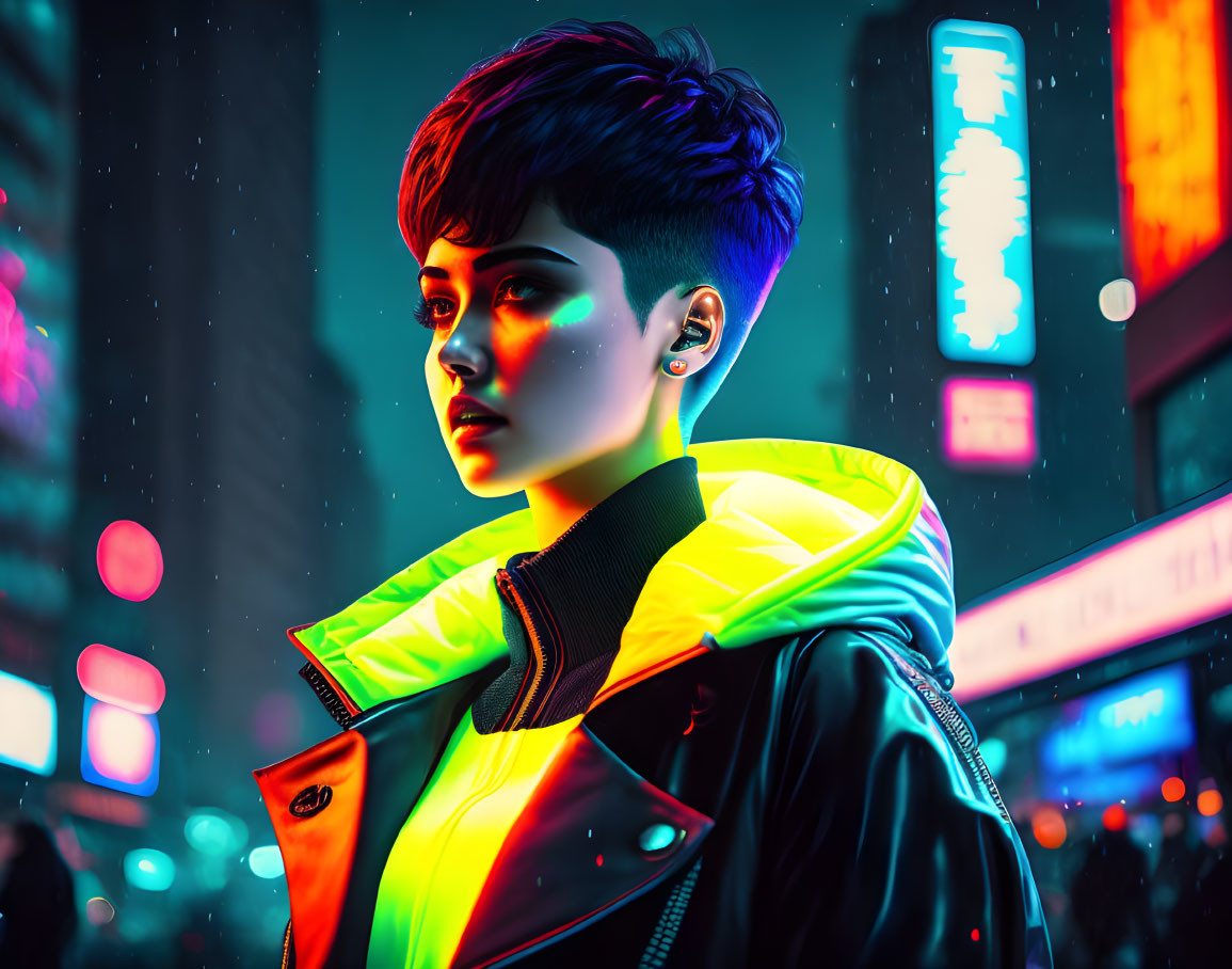 Stylish Haircut Illuminated by Neon Lights in Vibrant City Night Scene