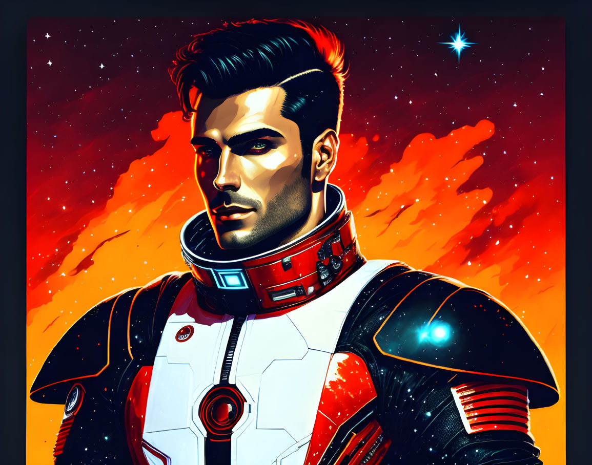 Handsome male astronaut in styled hair spacesuit with stars and fiery nebula.