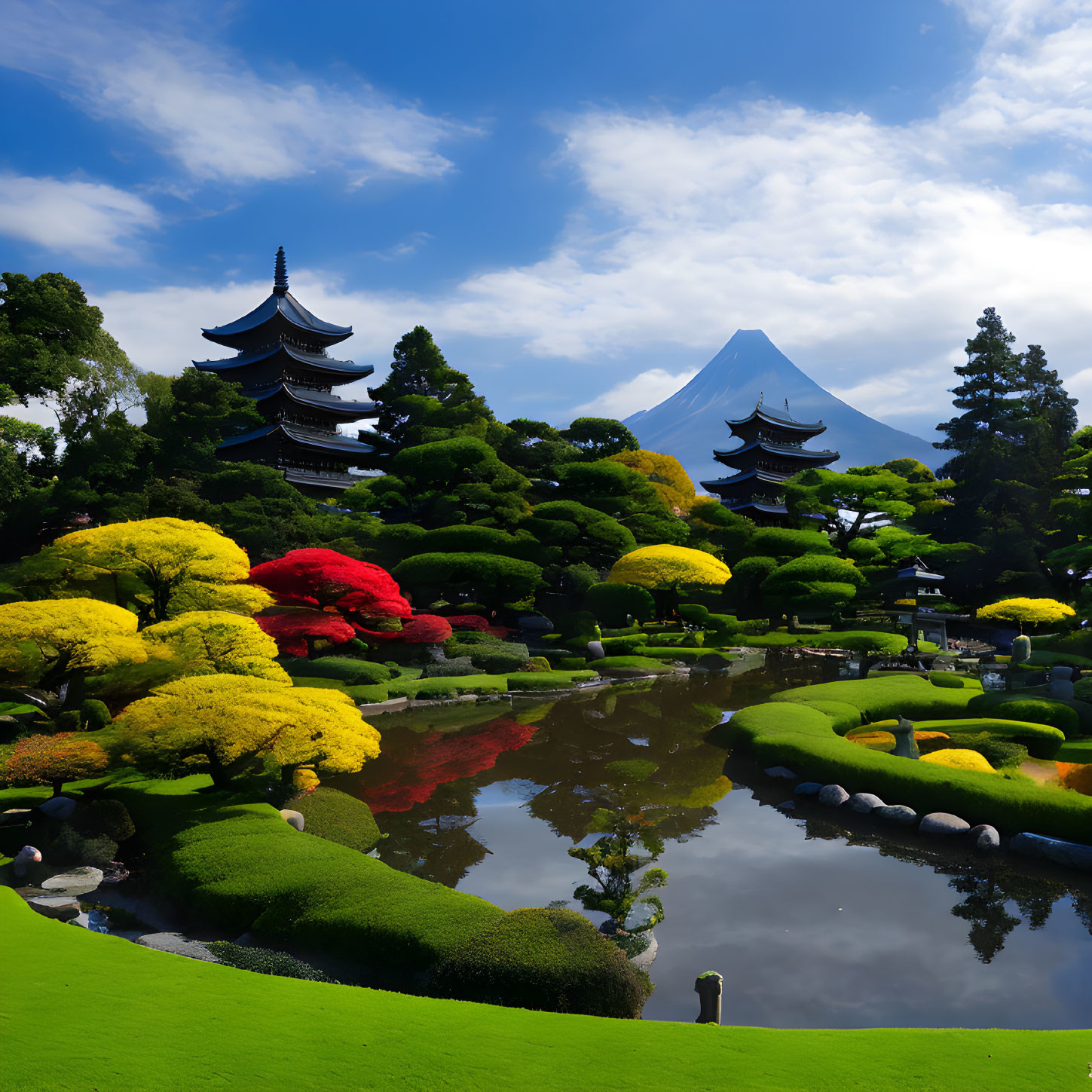 Japanese garden with trimmed bushes, pond, pagoda, and Mount Fuji.