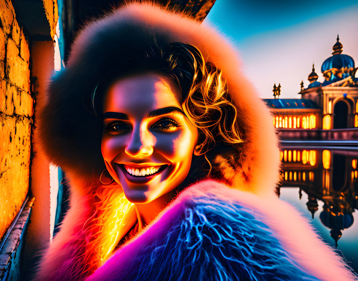 Smiling woman portrait with neon outline and illuminated building at twilight