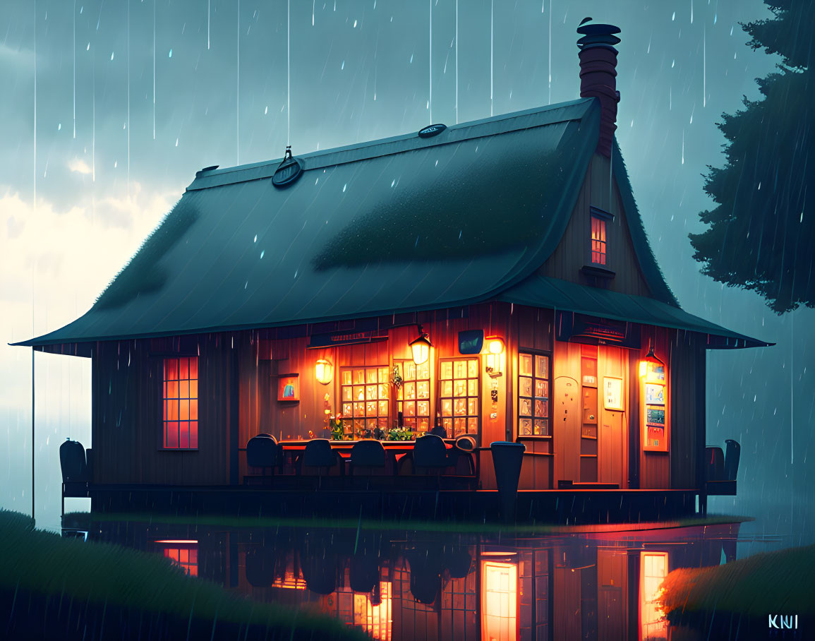 Warmly Lit Wooden Cabin in Rainy Twilight Setting