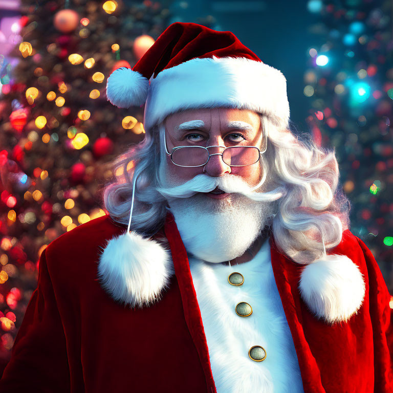 Santa Claus Costume with Red Hat, Coat & White Beard Against Colorful Christmas Tree Background