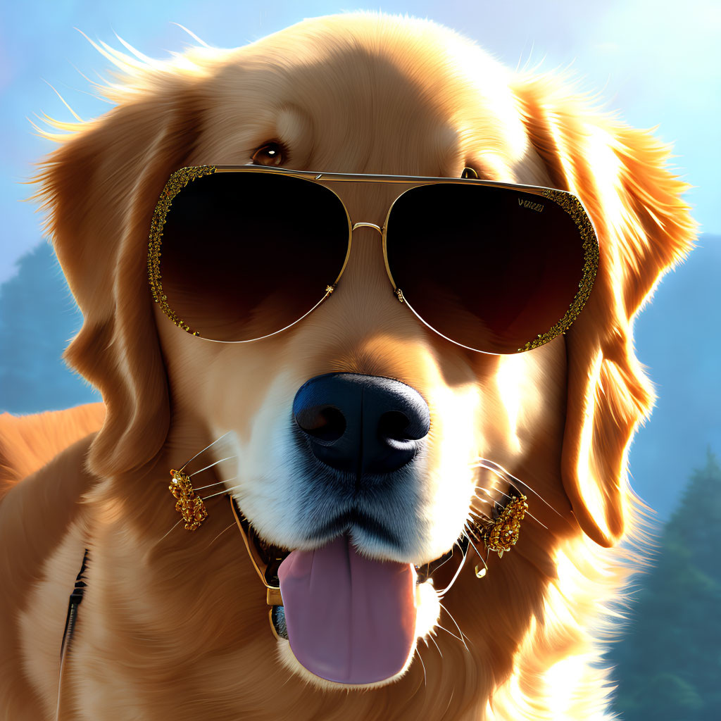 Golden Retriever in Aviator Sunglasses and Earrings Against Mountain Forest