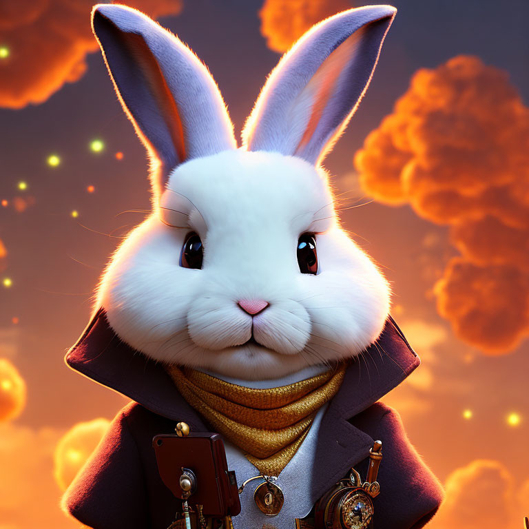 White Rabbit in Military Jacket at Sunset Sky