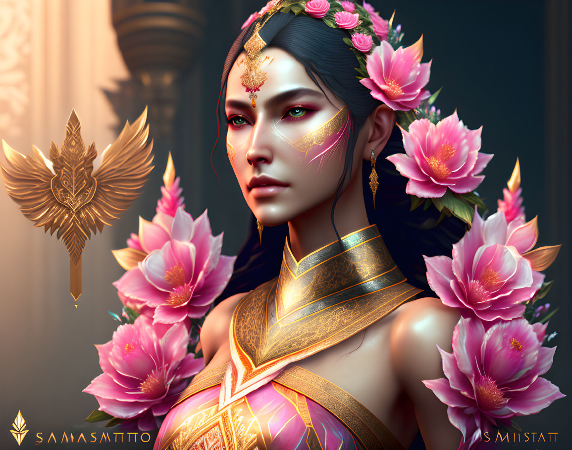 Digital artwork of female figure in golden attire with pink flowers, facial markings, against architectural backdrop.