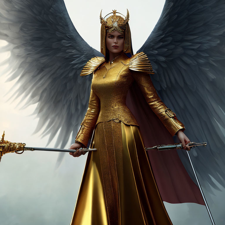 Regal figure in golden armor with angelic wings and sword against misty backdrop