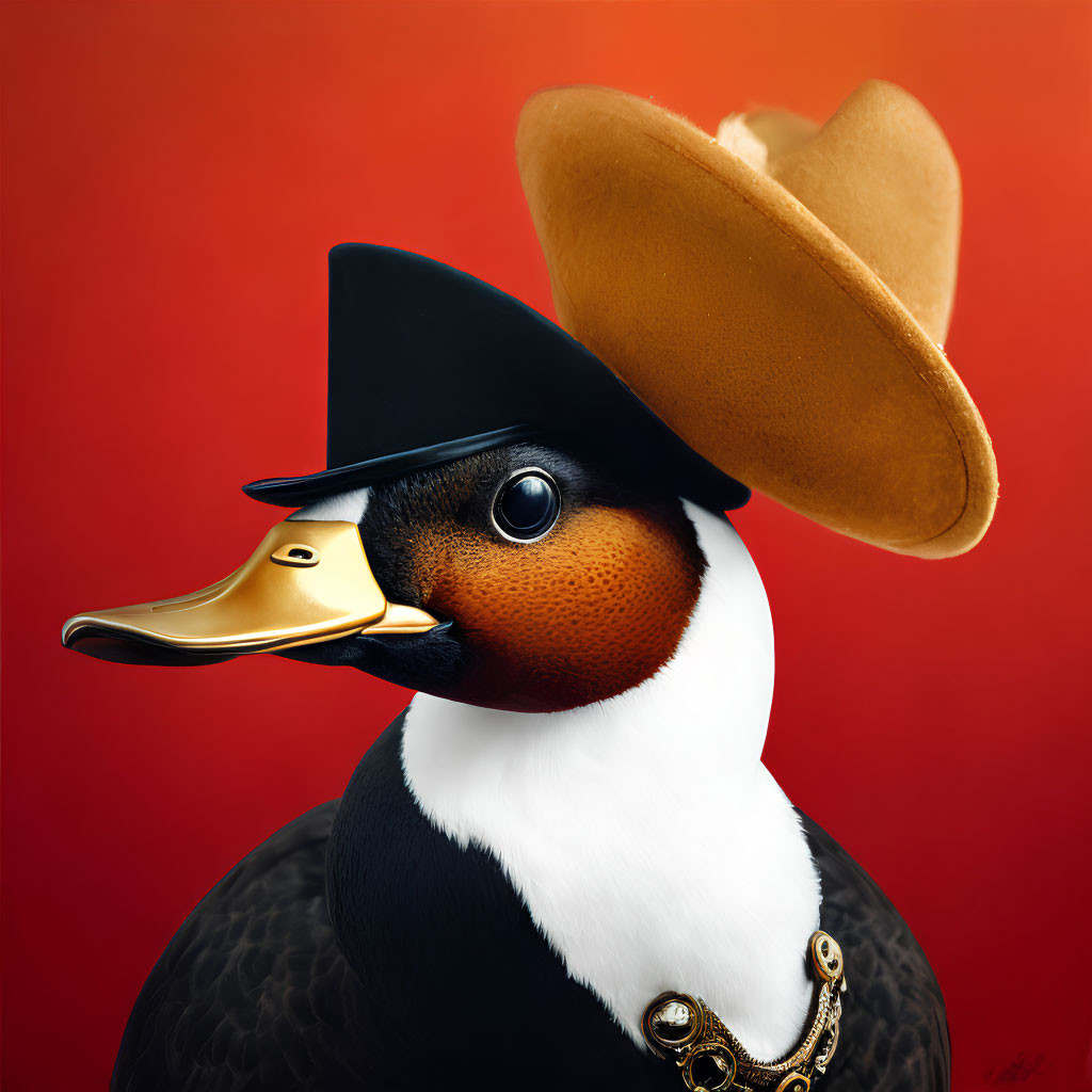 Duck with Human-like Face in Black Hat and Monocle on Red Background