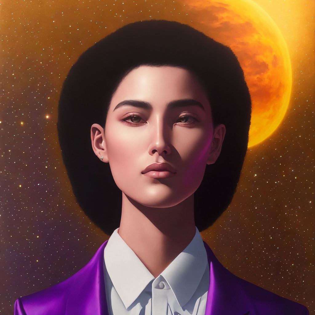 Stylized portrait of person with short haircut and afro against cosmic backdrop