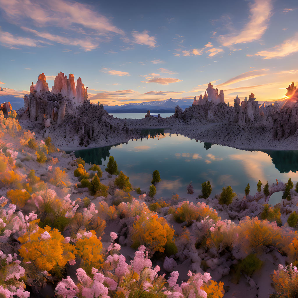 Tranquil lake with vibrant sunrise, unique rock formations, and autumn foliage.