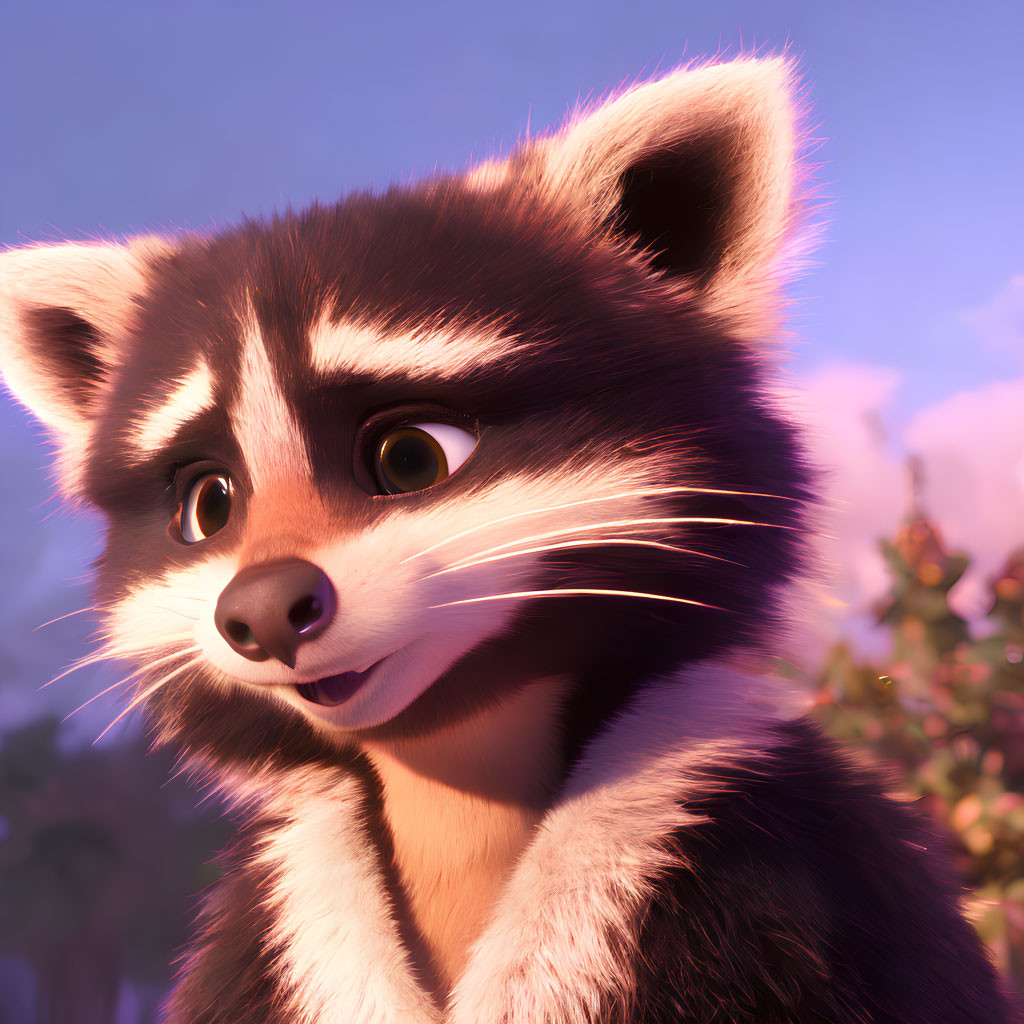 Detailed 3D animated raccoon with expressive eyes in twilight forest