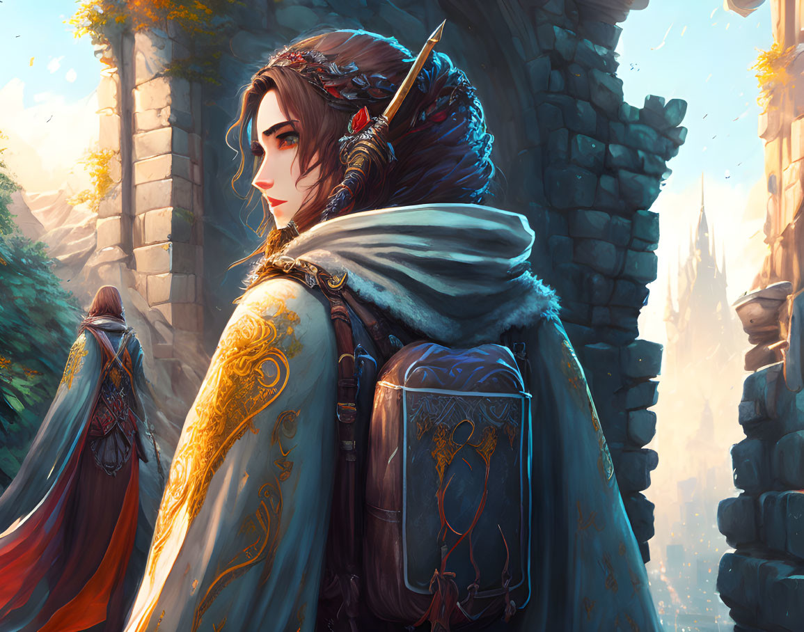 Fantasy female warrior with feather, blue cloak, shield in ruins