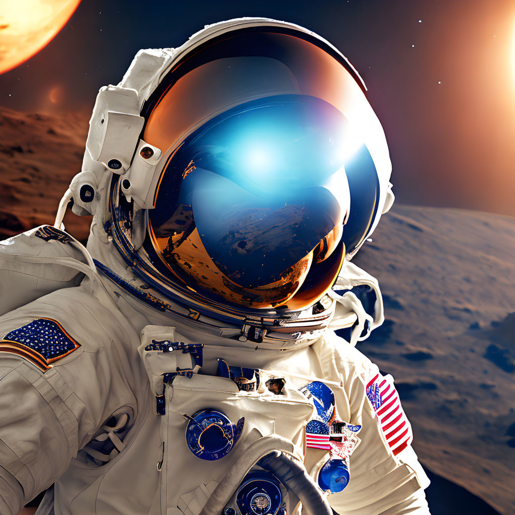 Astronaut in space suit on moon-like surface with Earth reflection in helmet visor